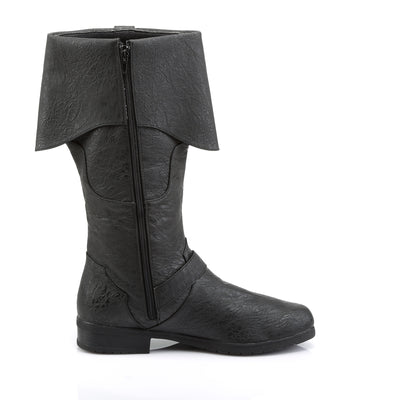 Funtasma Caribbean-299 black pirate boot, inner side view showing folded cuff, zipper closure, and antique brass buckle strap.