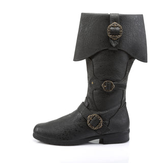Funtasma Caribbean-299 black pirate-style boot with folded cuff and antique brass buckles, outer side view