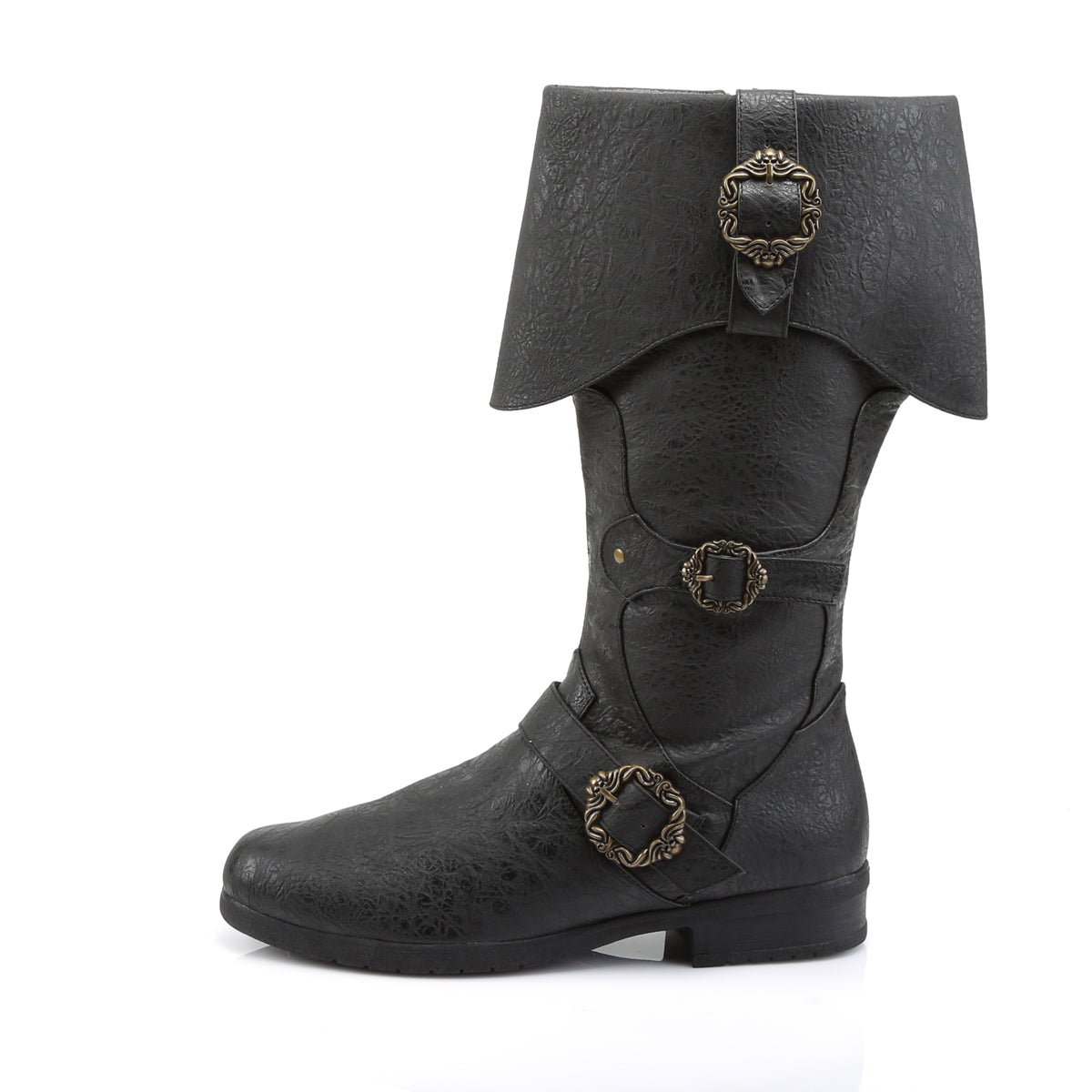 Funtasma Caribbean-299 black pirate-style boot with folded cuff and antique brass buckles, outer side view