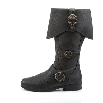 Funtasma Caribbean-299 black pirate-style boot with folded cuff and antique brass buckles, outer side view
