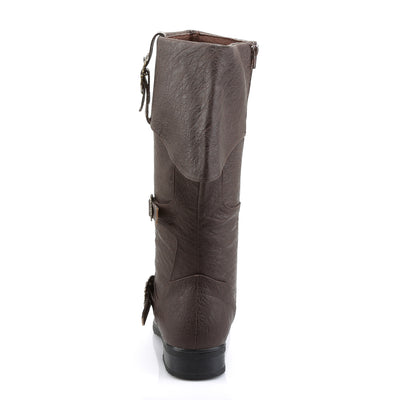Funtasma Caribbean-299 brown pirate boot, back view showing tall folded cuff and antique brass side buckles.