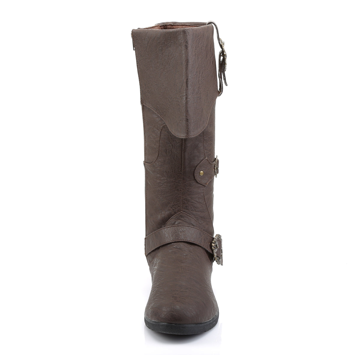 Funtasma Caribbean-299 brown pirate boot, front view with folded cuff and antique brass buckle details.