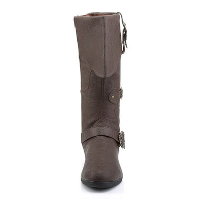 Funtasma Caribbean-299 brown pirate boot, front view with folded cuff and antique brass buckle details.