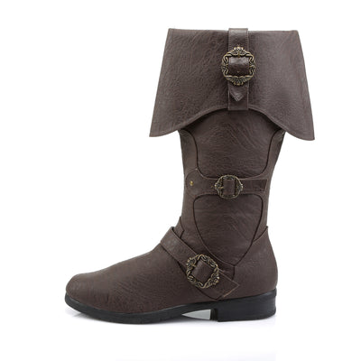 Funtasma Caribbean-299 brown pirate boot with folded cuff and three antique brass buckles, outer side view.