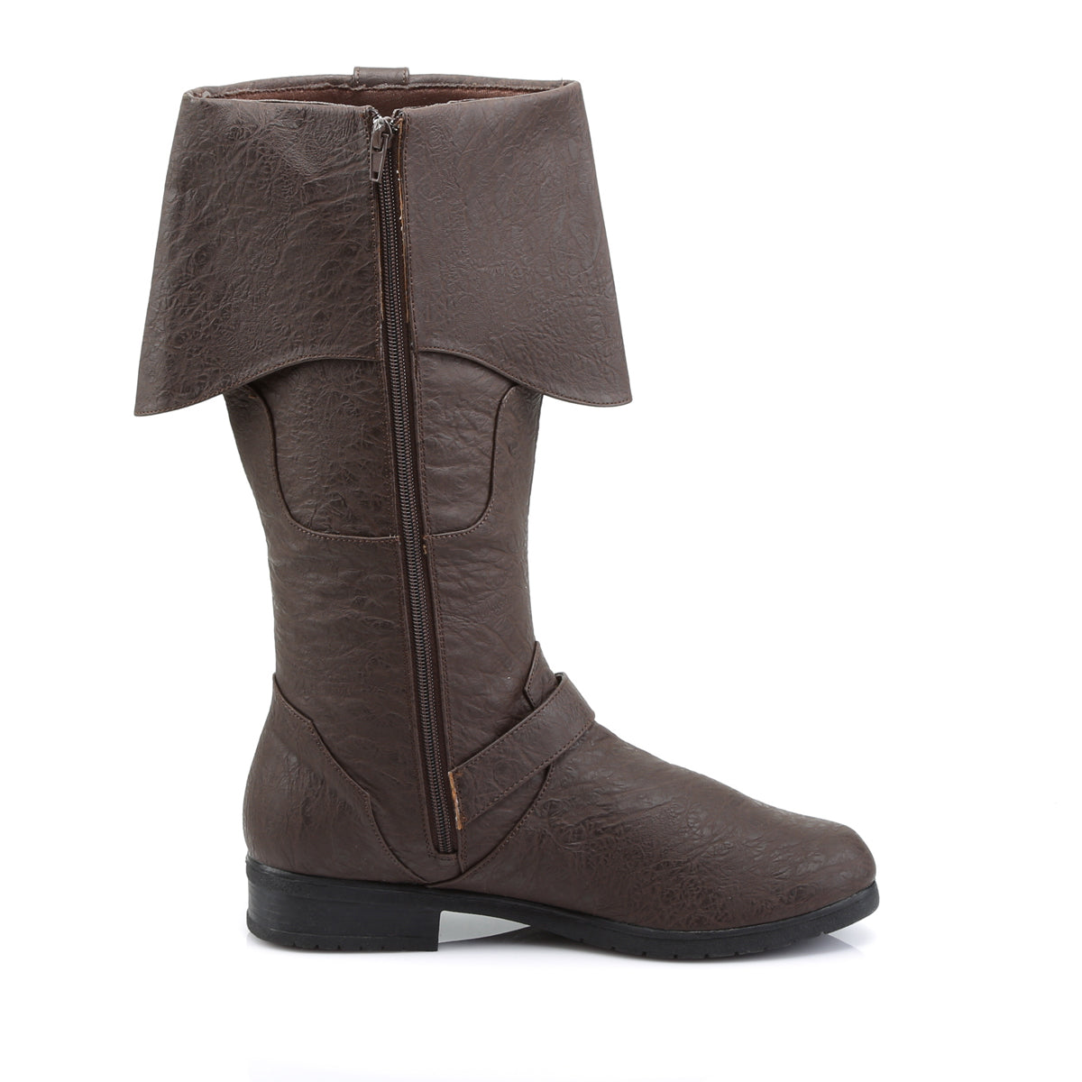 Funtasma Caribbean-299 brown pirate boot, inner side view showing folded cuff and zipper closure.