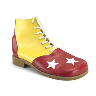 Oversized red and yellow clown boots with white star details, lace-up front, rounded toe and flat sole for clown costumes.