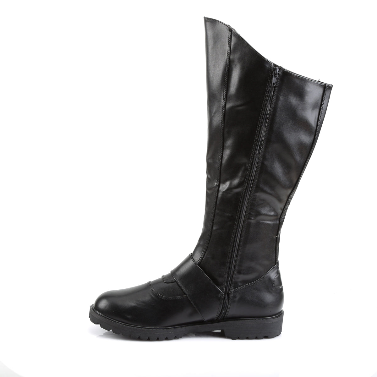 Funtasma Gotham-100 knee-high black faux leather cosplay boot with overlapping arch panels, cushioned sole, and inner side zip closure – inner side view