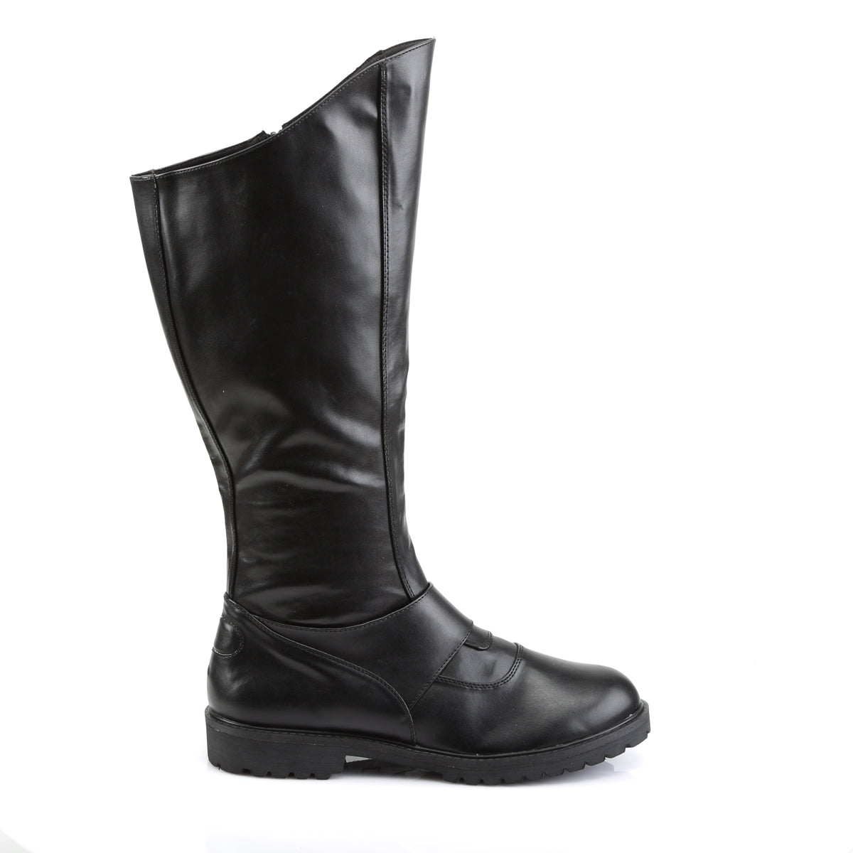 Darth Vader-inspired knee-high black faux leather cosplay boot with overlapping arch panels, lightweight cushioned sole, and matte finish – outer side view.