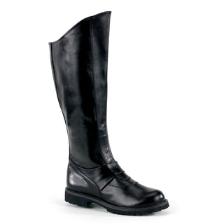 funtasma Gotham-100 knee-high black faux leather cosplay boot with overlapping arch panels, cushioned sole, and matte finish – angled front side view.