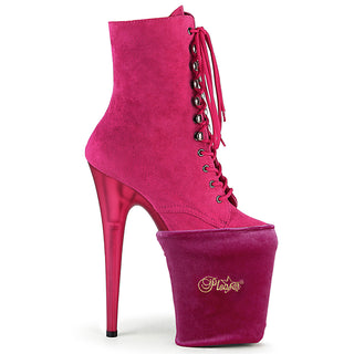 Hot pink velvet pole shoe protectors fitted on Pleaser platform heels to protect the platform during pole dancing