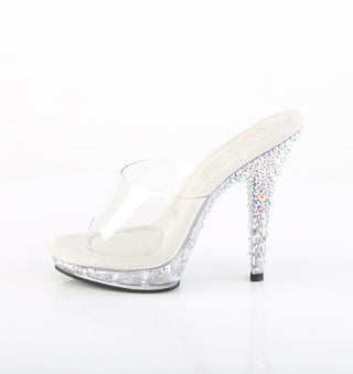 Outer side view showing the rhinestone-covered platform and 5-inch stiletto heel of LIP-101CAS clear slides