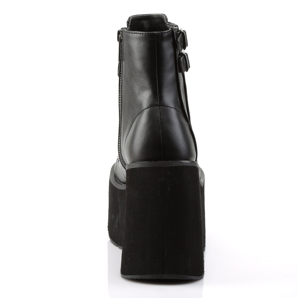 Back view of Demonia Kera-21 black wedge platform boot showcasing the chunky heel and ankle cuff