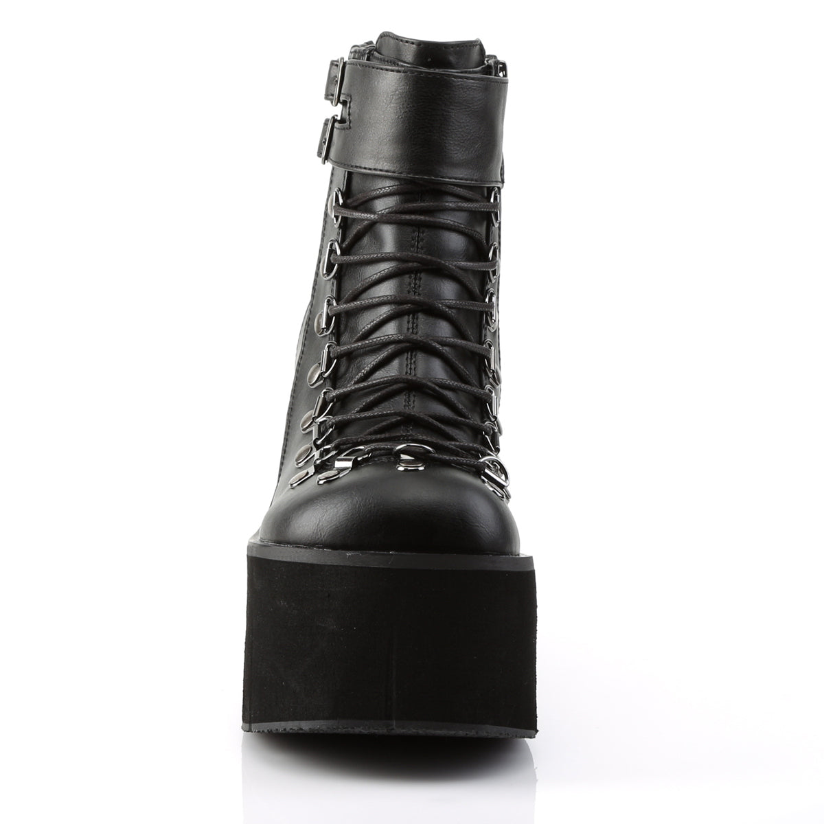 Front view of Demonia Kera-21 black wedge platform boot showing lace-up closure and ankle cuff
