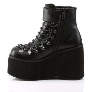 Inner side view of Demonia Kera-21 black wedge platform boot with inner zipper and sleek design