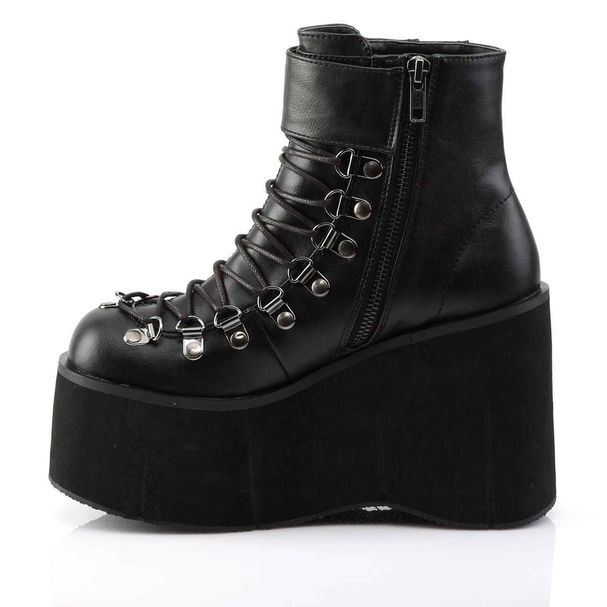 Inner side view of Demonia Kera-21 black wedge platform boot with inner zipper and sleek design