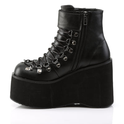 Inner side view of Demonia Kera-21 black wedge platform boot with inner zipper and sleek design