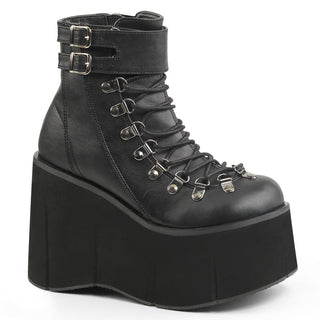 Demonia Kera-21 black wedge platform boot with lace-up D-rings and adjustable ankle cuff