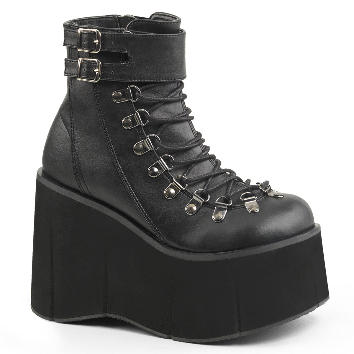 Demonia Kera-21 black wedge platform boot with lace-up D-rings and adjustable ankle cuff