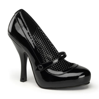 Pin-up couture cutiepie-02 black patent Mary Jane high heel with slim tapered heel, decorative strap, dotted mesh side panels, and slight toe spring, displayed on a white background.