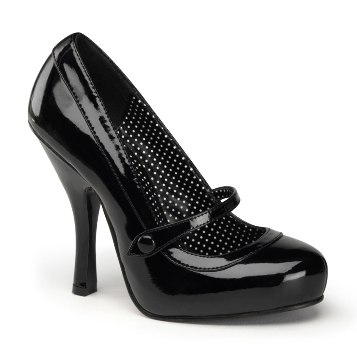 Pin-up couture cutiepie-02 black patent Mary Jane high heel with slim tapered heel, decorative strap, dotted mesh side panels, and slight toe spring, displayed on a white background.