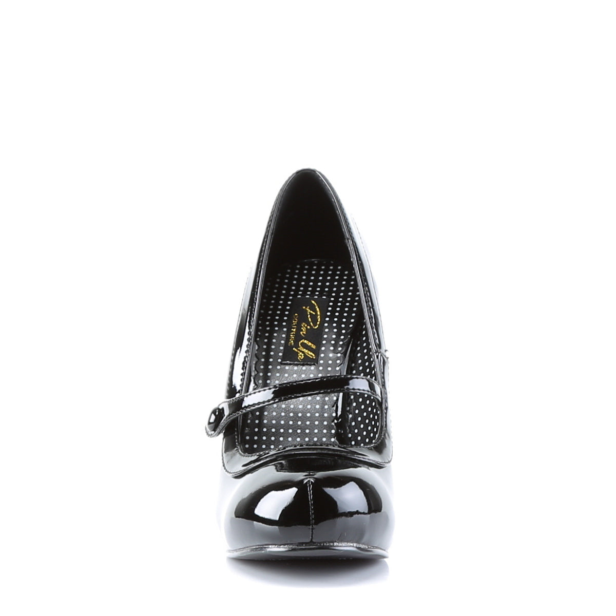 Front view of a black patent Mary Jane high heel with decorative strap, dotted mesh side panels, and rounded toe, displayed on a white background.