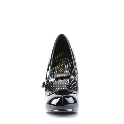 Front view of a black patent Mary Jane high heel with decorative strap, dotted mesh side panels, and rounded toe, displayed on a white background.