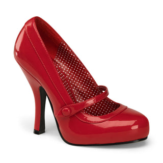 Red Mary Jane high heel with glossy finish, slim stiletto heel, fixed strap, and perforated mesh lining
