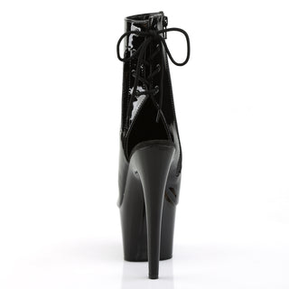 back side of pleaser adore-1018 black patent boots open heel view