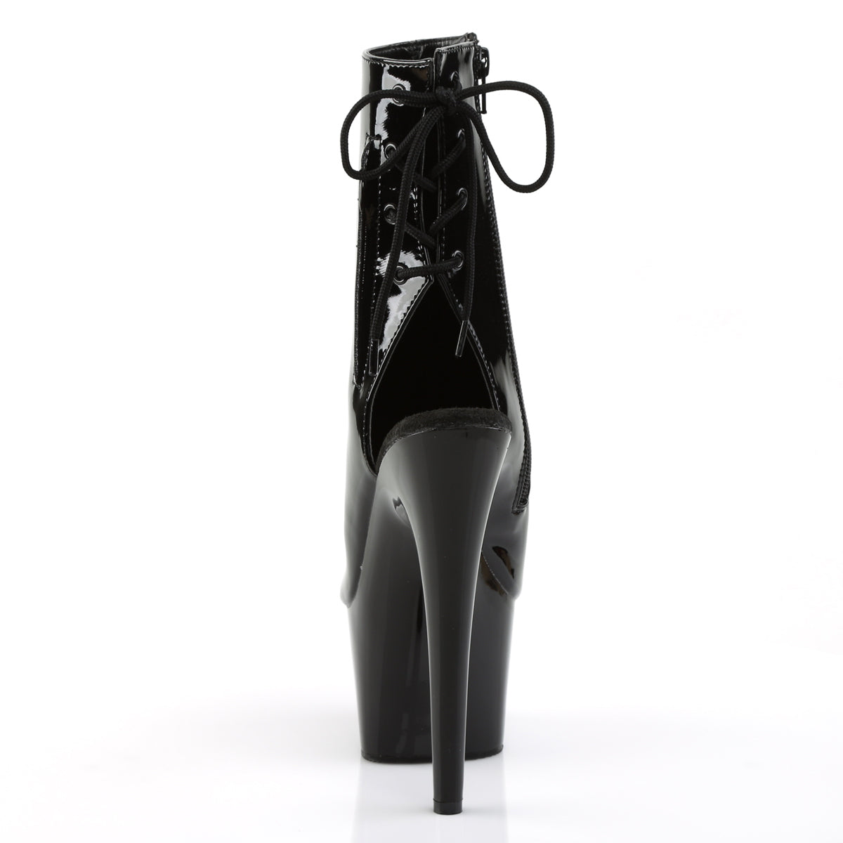 back side of pleaser adore-1018 black patent boots open heel view