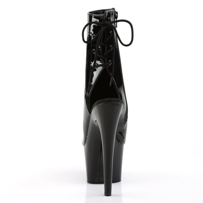 back side of pleaser adore-1018 black patent boots open heel view