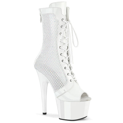 Pleaser Adore-1048 white lace-up platform ankle boot with open toe, mesh side panels, and 7-inch stiletto heel
