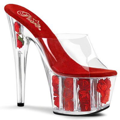 Clear platform mule heels with red flower-filled lucite base
