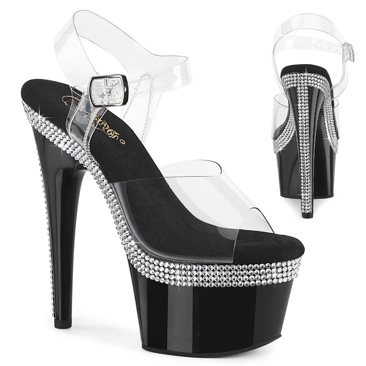 Black platform heel with clear straps and rhinestone-trimmed sole.