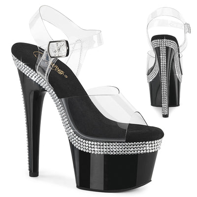 Black platform heel with clear straps and rhinestone-trimmed sole.