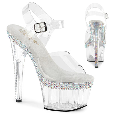 Clear platform sandal with AB rhinestones and ankle strap, shown from front and back angles.