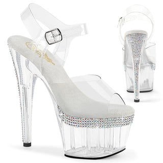 Clear high-heeled shoes with rhinestone embellishments on a white background