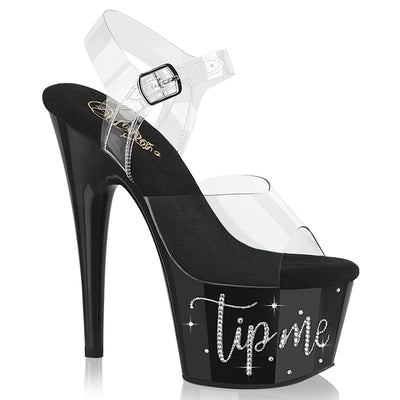 Clear-strap black platform sandal with rhinestone “TIP ME” detail.