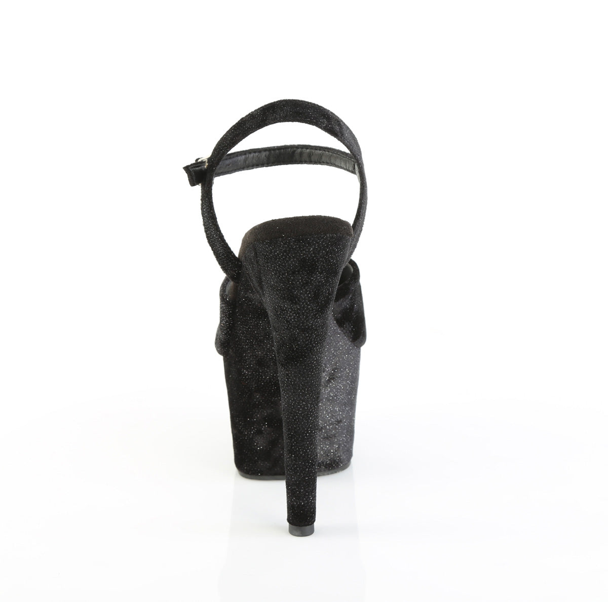 Back view of Pleaser Adore-709WR black shimmer fabric platform sandal with ankle strap and stiletto heel on a white background