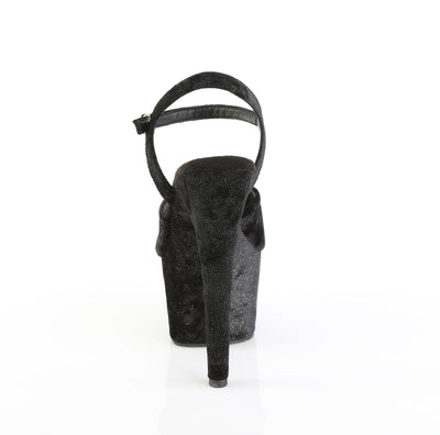 Back view of Pleaser Adore-709WR black shimmer fabric platform sandal with ankle strap and stiletto heel on a white background