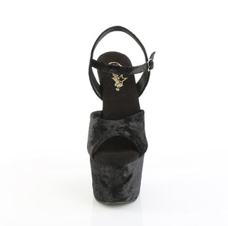 Front view of Pleaser Adore-709WR black shimmer fabric platform sandal with ankle strap and peep toe on a white background