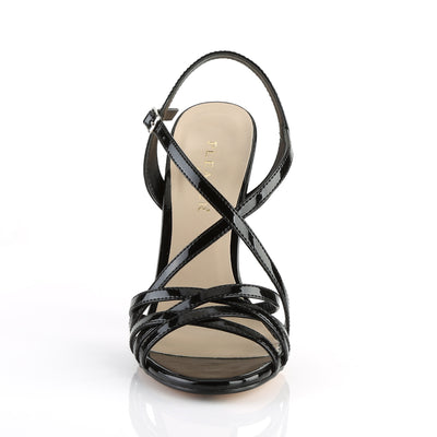 Front view of black patent leather strappy stiletto sandal on white background