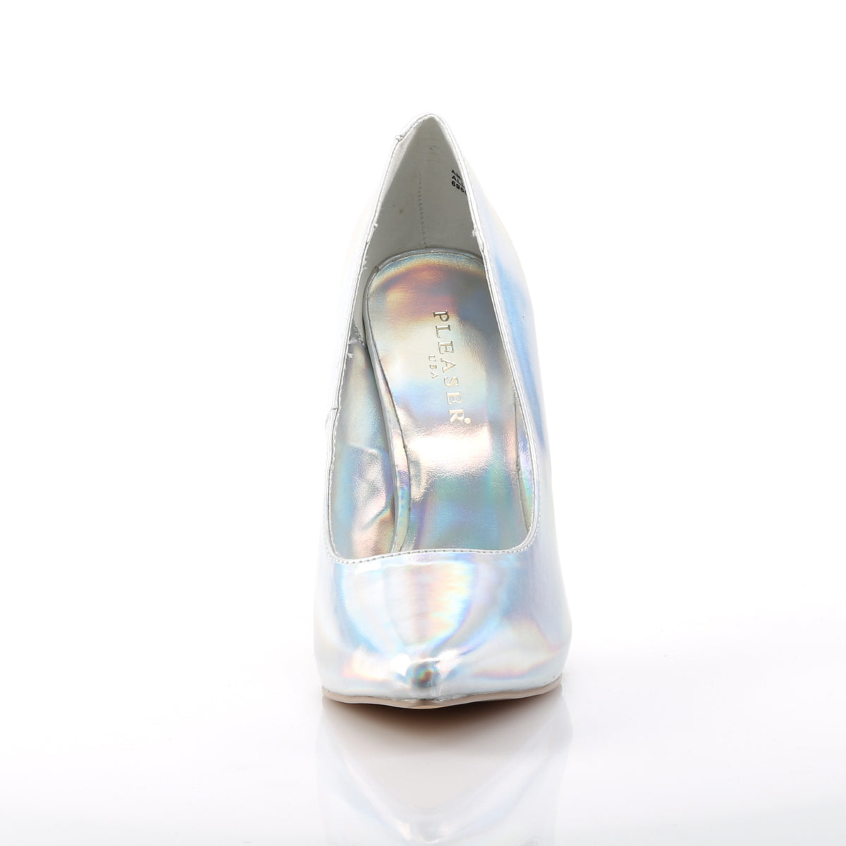 front view of pleaser amuse-20 silver hologram classic pumps showing pointed toe
