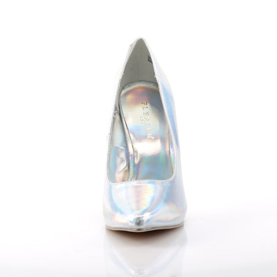 front view of pleaser amuse-20 silver hologram classic pumps showing pointed toe