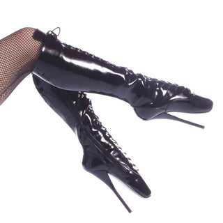 Pleaser Ballet-1020 black patent knee-high ballet boots with lace-up front and 7-inch spike heel
