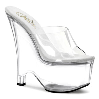 Clear Pleaser platform mule heel with transparent upper and platform sole