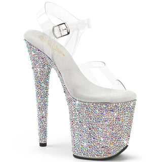 Rhinestone platform heels with clear PVC straps and fully crystal-covered heel and platform.
