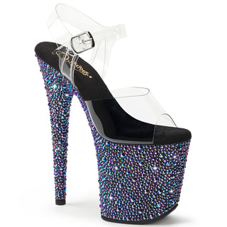 Black rhinestone platform heels with clear PVC straps and fully crystal-covered heel and platform.