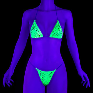 Pleaser CANDY-02RS neon green rhinestone bikini set glowing under UV blacklight.
