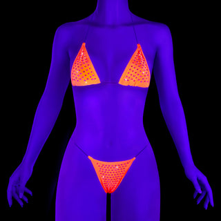 Pleaser Candy-02RS neon orange rhinestone bikini set glowing under UV light