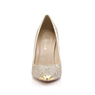 front view of pleaser classique-20 gold glitter classic pumps showing metallic gold pointed toe